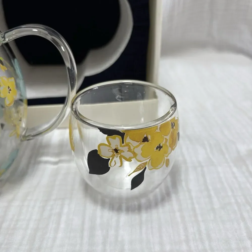 Vintage Cypress Refresh Glass Teapot Infuser 2 Double Wall Cups HandPainted NIOB